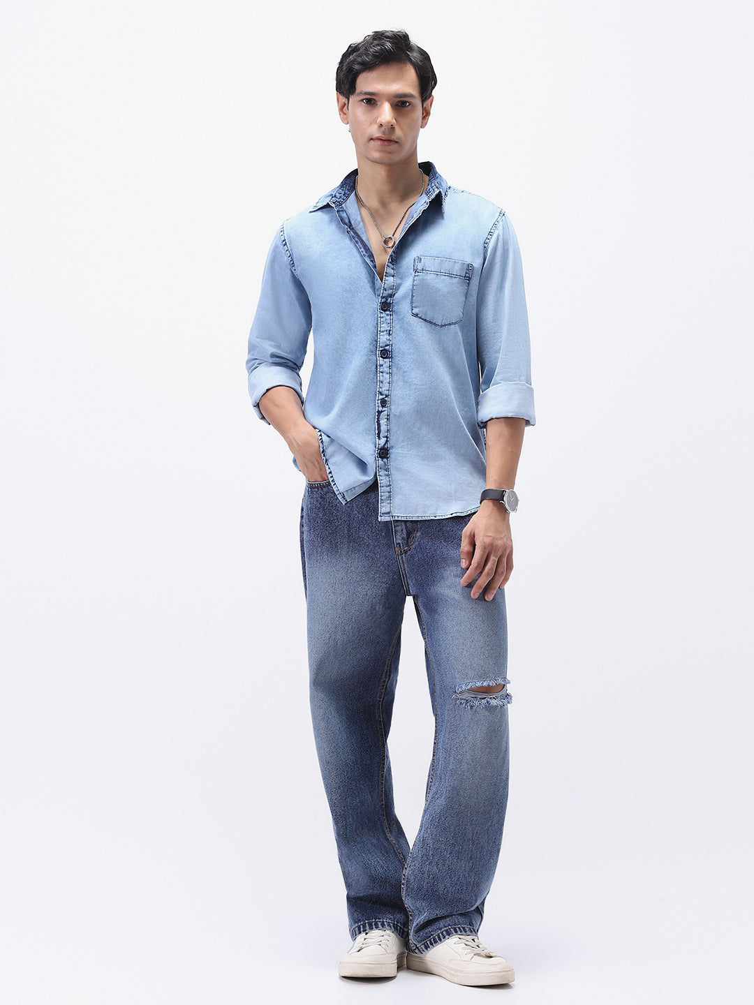 Men's Ice Blue Regular Fit Full Sleeve Washed Denim Shirt