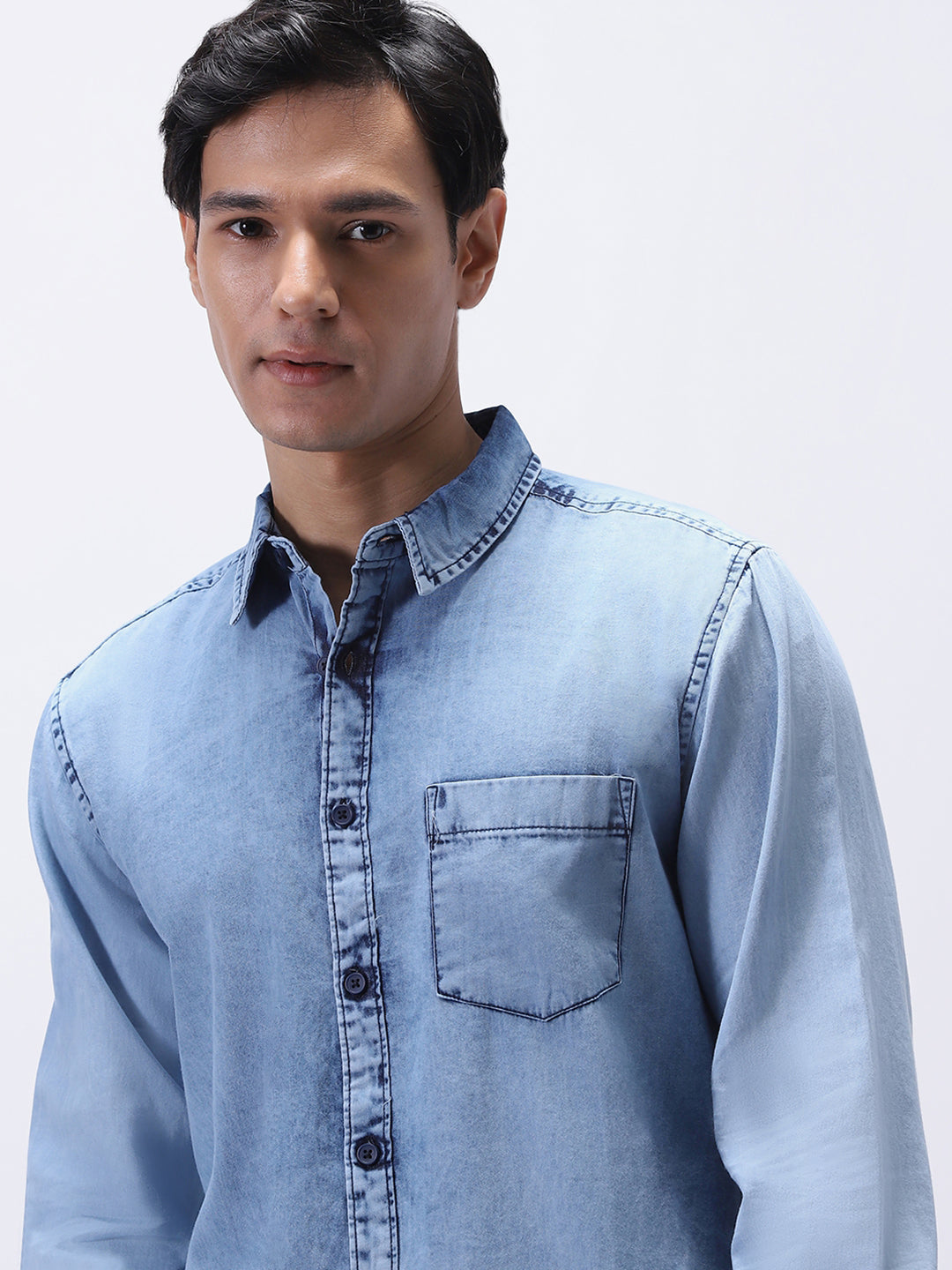 Men's Ice Blue Regular Fit Full Sleeve Washed Denim Shirt