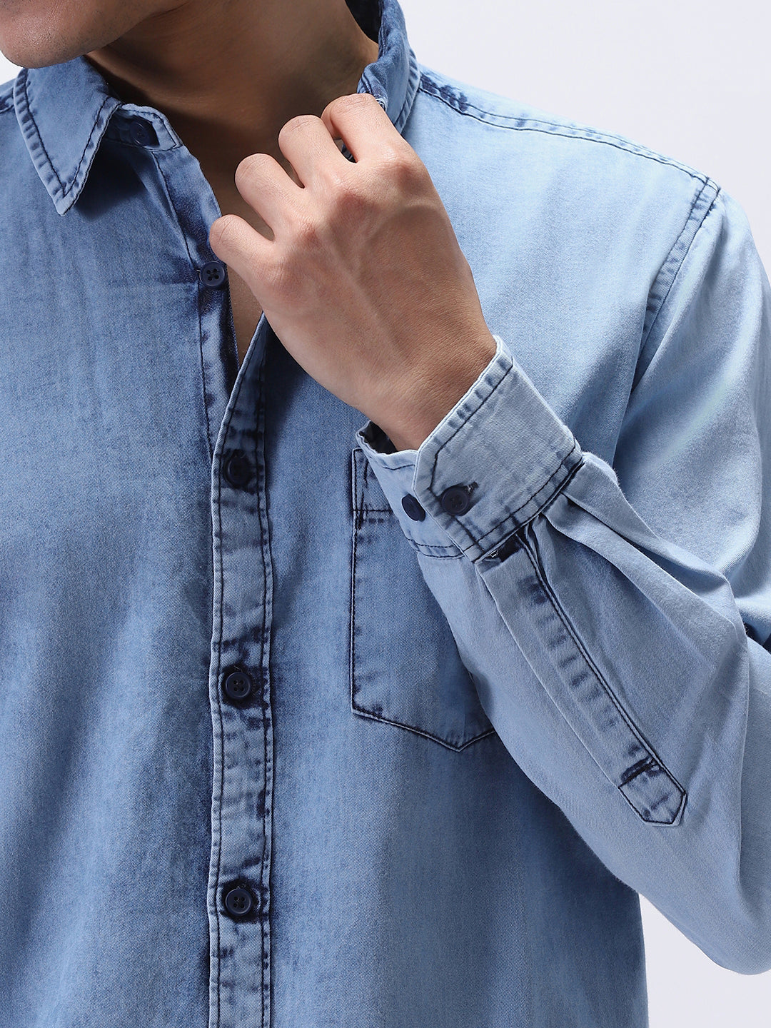 Men's Ice Blue Regular Fit Full Sleeve Washed Denim Shirt