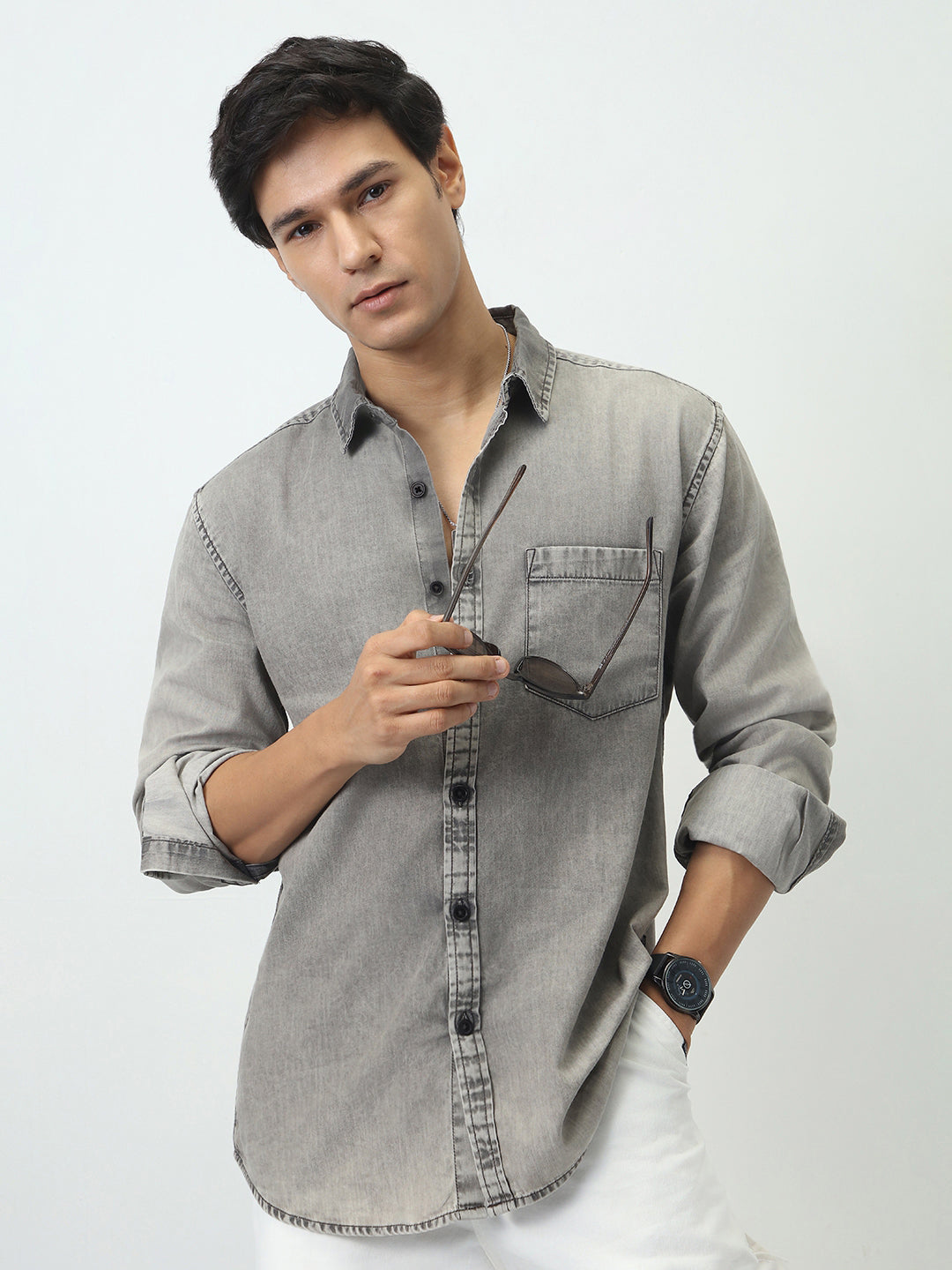 Men's Ice Grey Regular Fit Full Sleeve Washed Denim Shirt