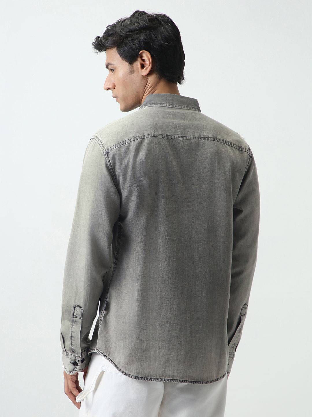 Men's Ice Grey Regular Fit Full Sleeve Washed Denim Shirt