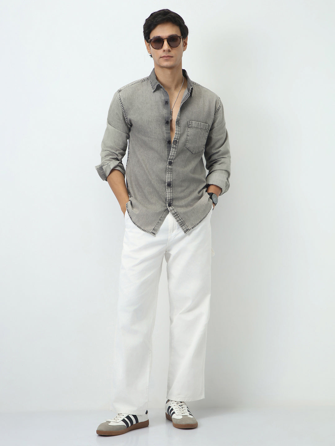Men's Ice Grey Regular Fit Full Sleeve Washed Denim Shirt