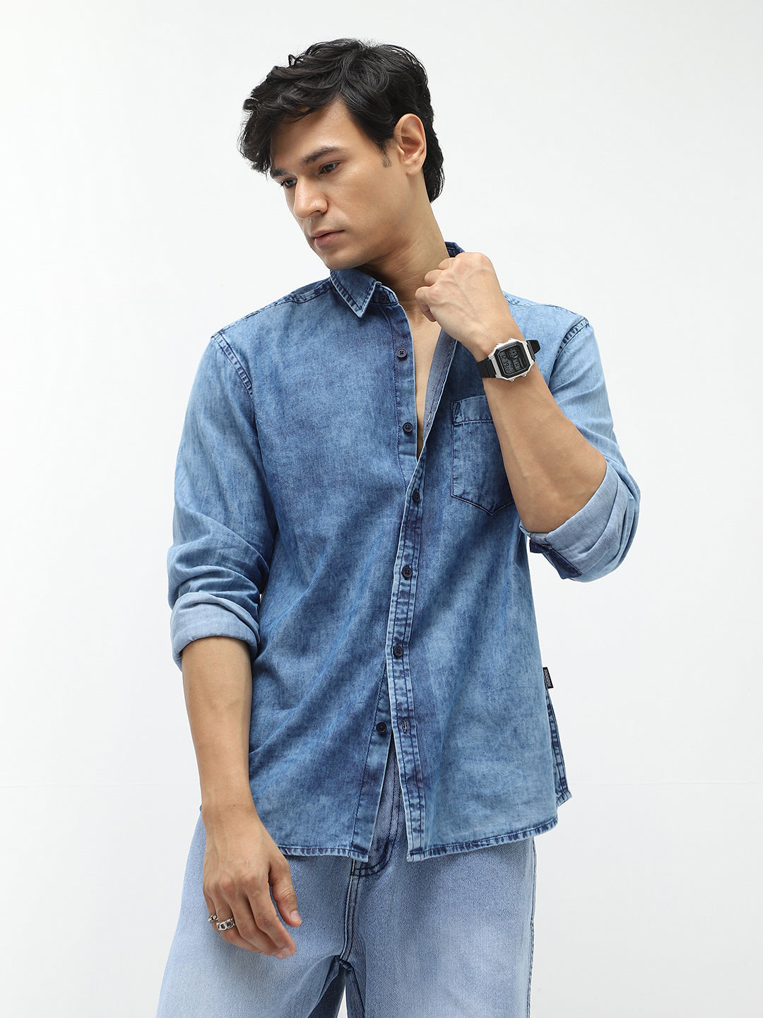 Men's Light Blue Regular Fit Full Sleeve Washed Denim Shirt