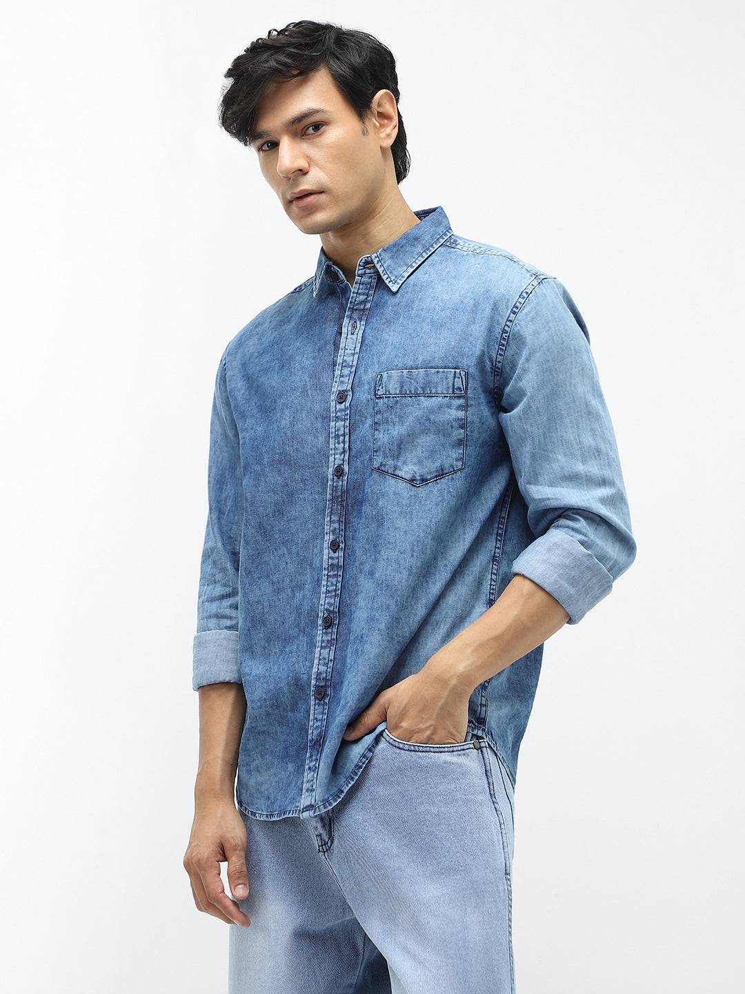 Men's Light Blue Regular Fit Full Sleeve Washed Denim Shirt