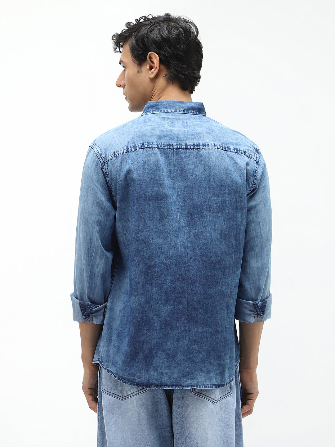 Men's Light Blue Regular Fit Full Sleeve Washed Denim Shirt