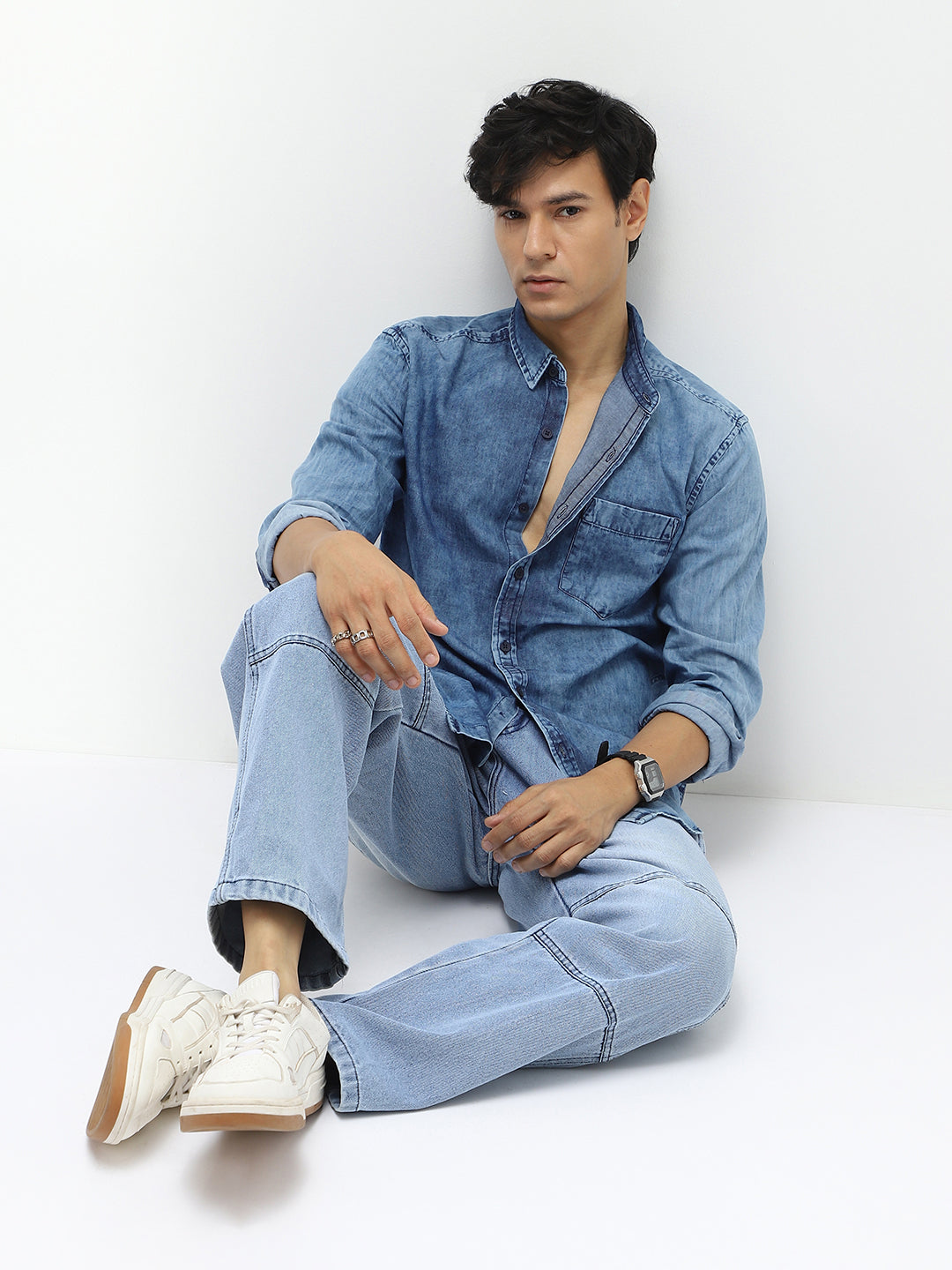 Men's Light Blue Regular Fit Full Sleeve Washed Denim Shirt