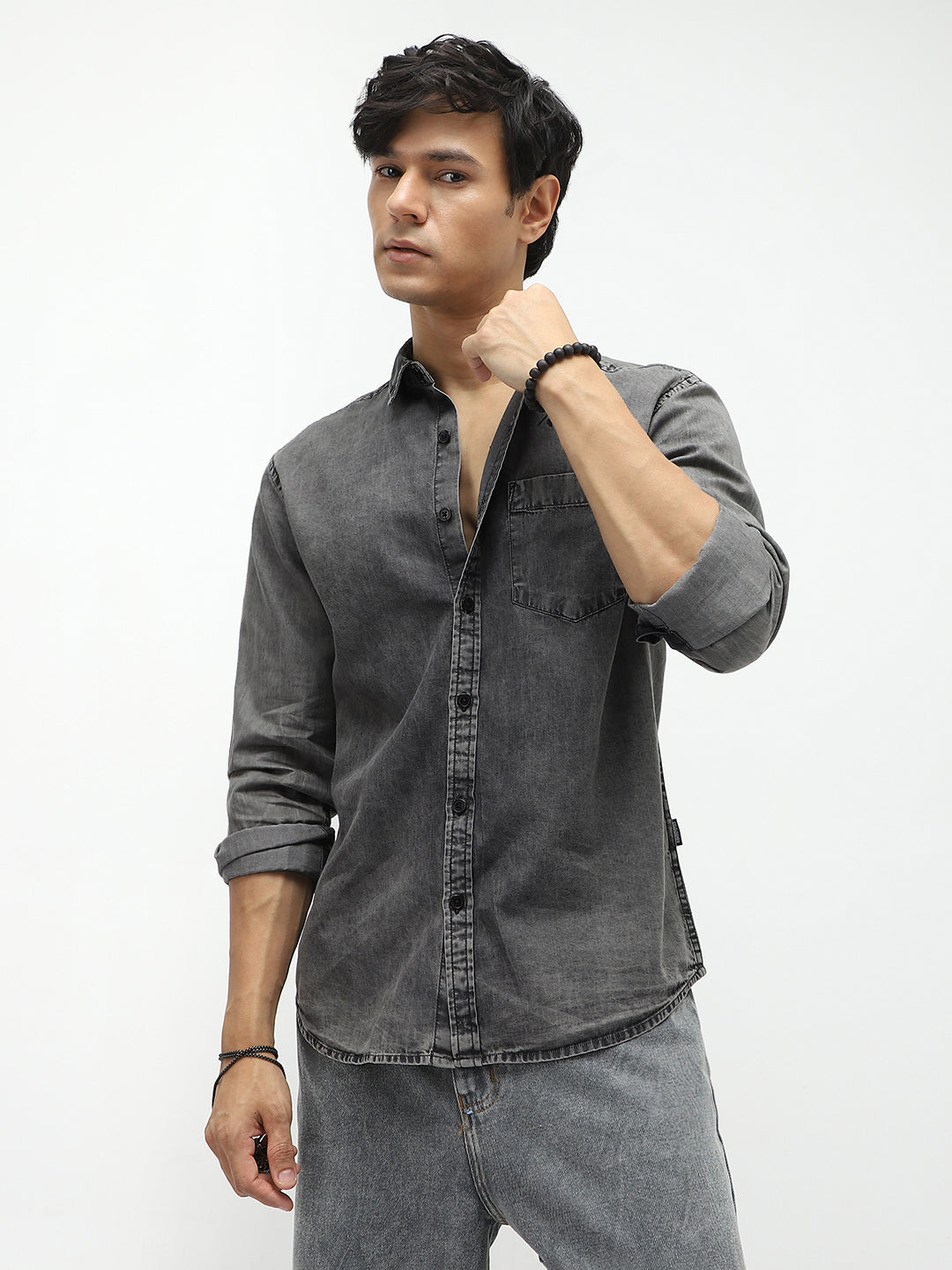 Men's Light Grey Regular Fit Full Sleeve Washed Denim Shirt