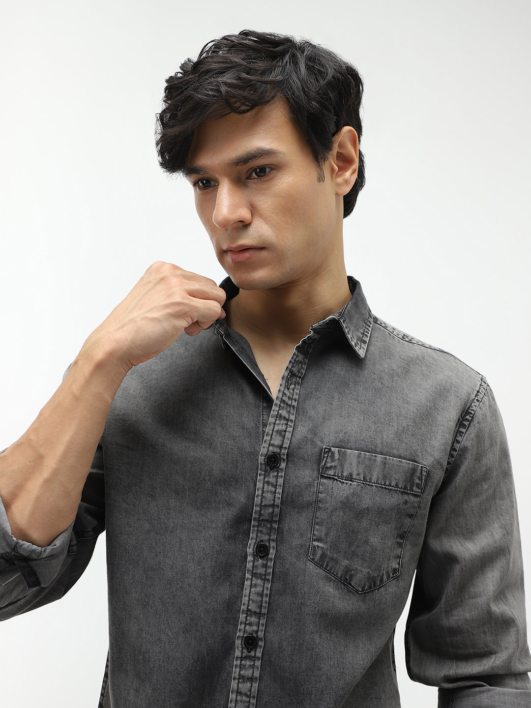 Men's Light Grey Regular Fit Full Sleeve Washed Denim Shirt