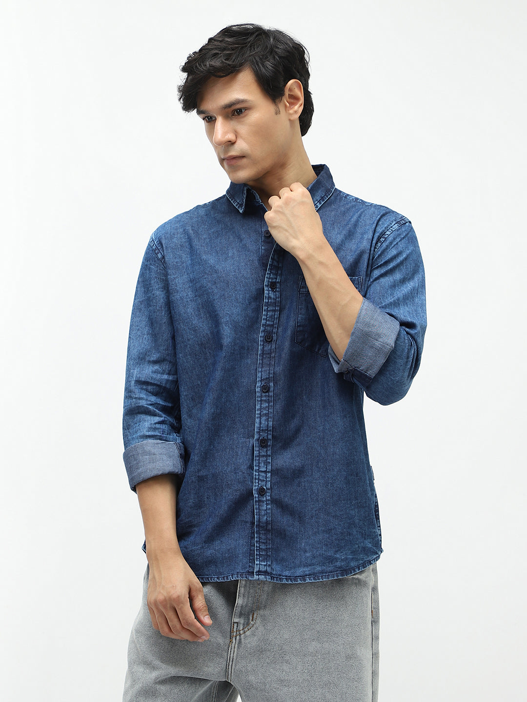 Men's Blue Regular Fit Full Sleeve Washed Denim Shirt