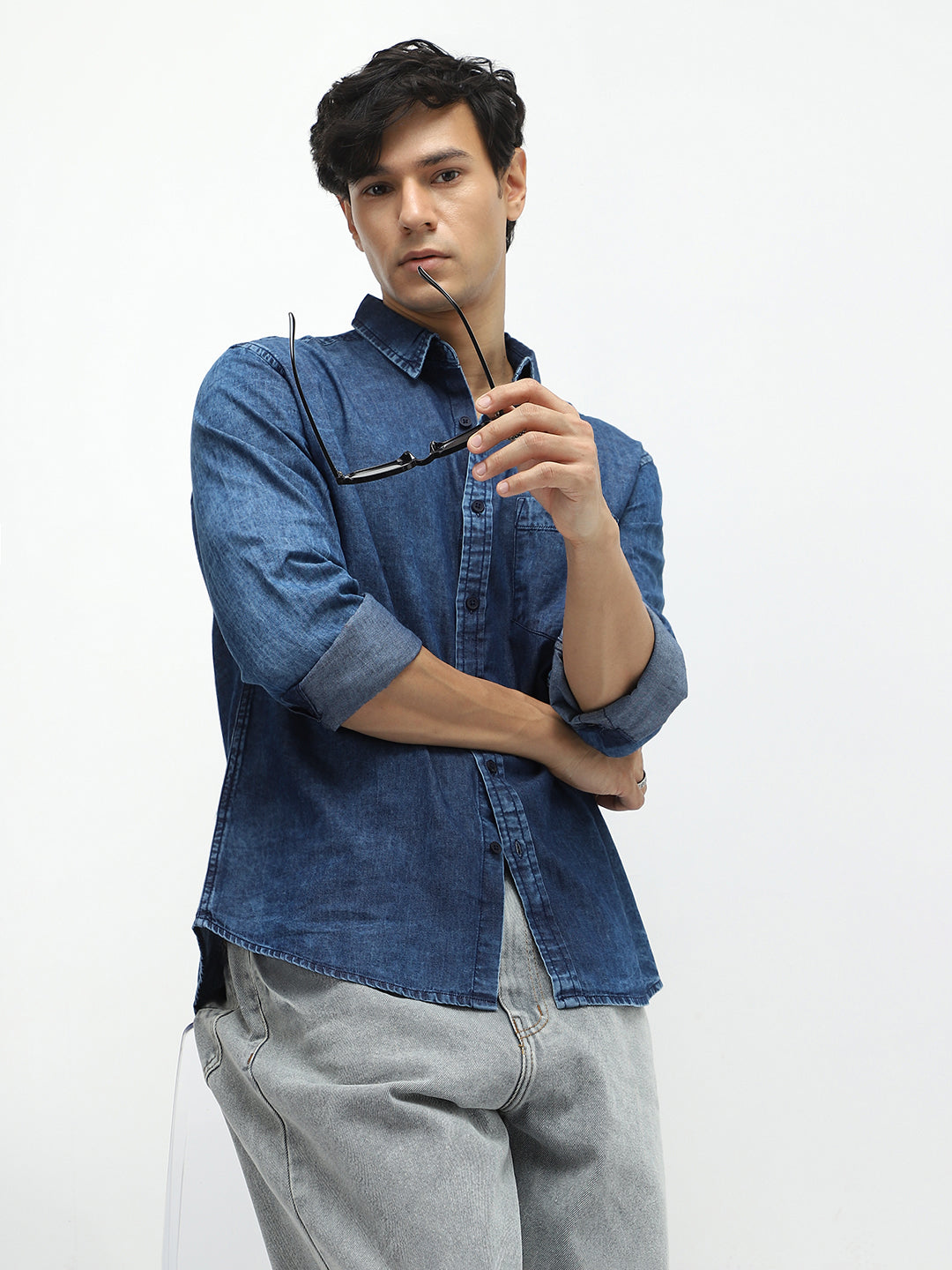 Men's Blue Regular Fit Full Sleeve Washed Denim Shirt