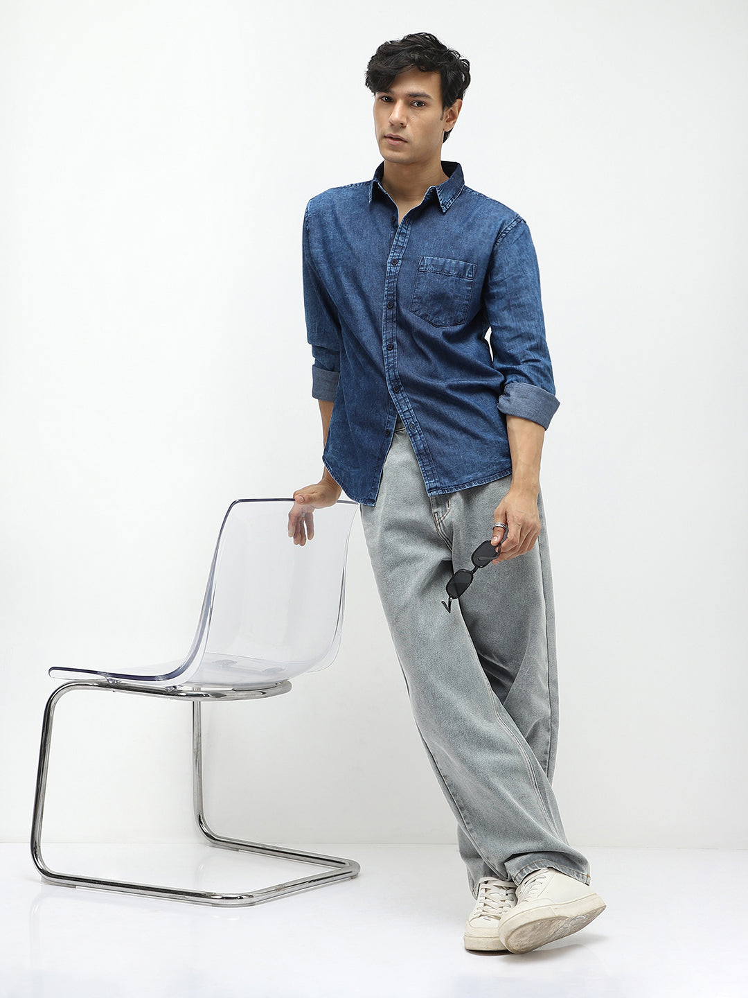 Men's Blue Regular Fit Full Sleeve Washed Denim Shirt