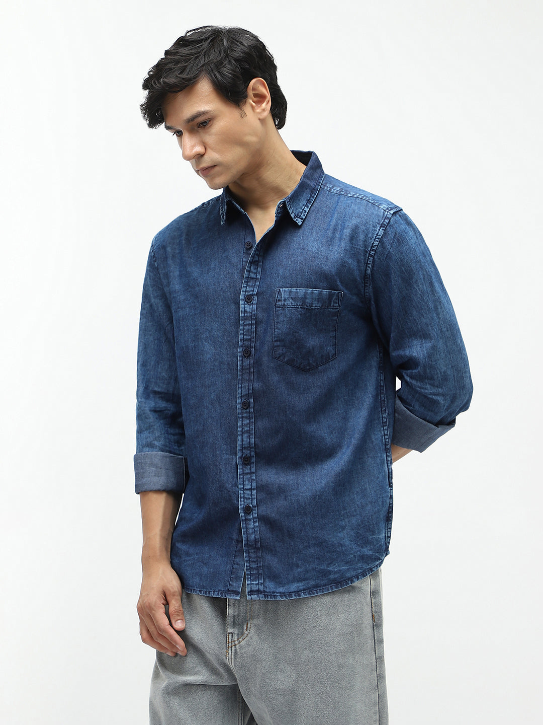 Men's Blue Regular Fit Full Sleeve Washed Denim Shirt