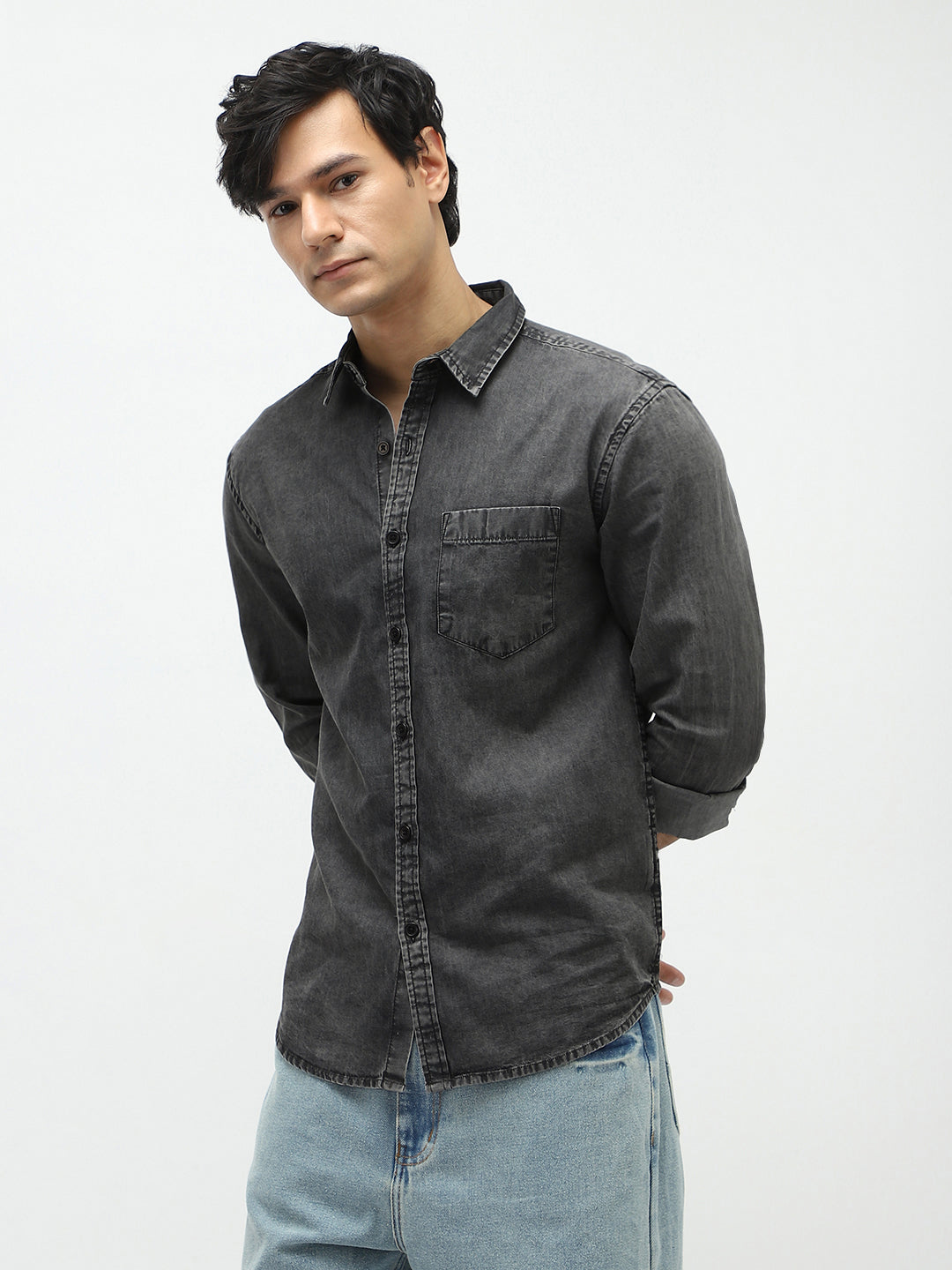 Men's Grey Regular Fit Full Sleeve Washed Denim Shirt