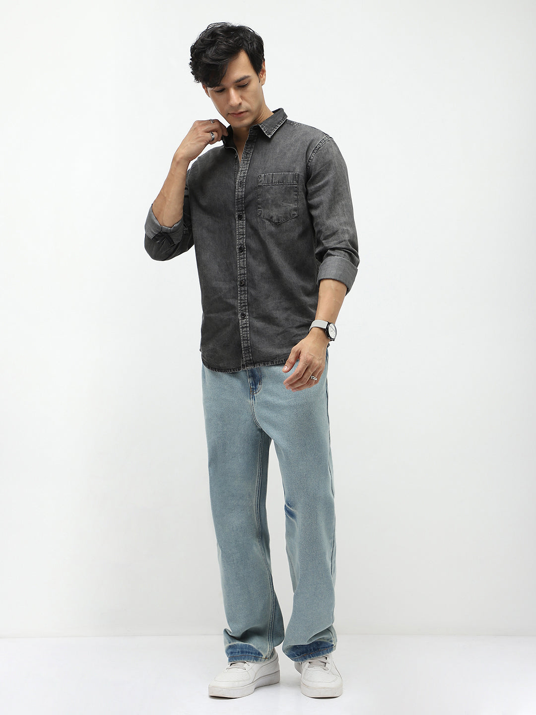 Men's Grey Regular Fit Full Sleeve Washed Denim Shirt