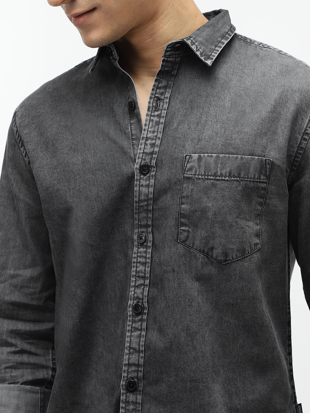 Men's Grey Regular Fit Full Sleeve Washed Denim Shirt