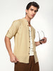 Men's Beige Linen Blend Full Sleeve Relaxed Fit Mandarin Collar Casual Solid Shirt