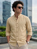 Men's Beige Linen Blend Full Sleeve Relaxed Fit Mandarin Collar Casual Solid Shirt