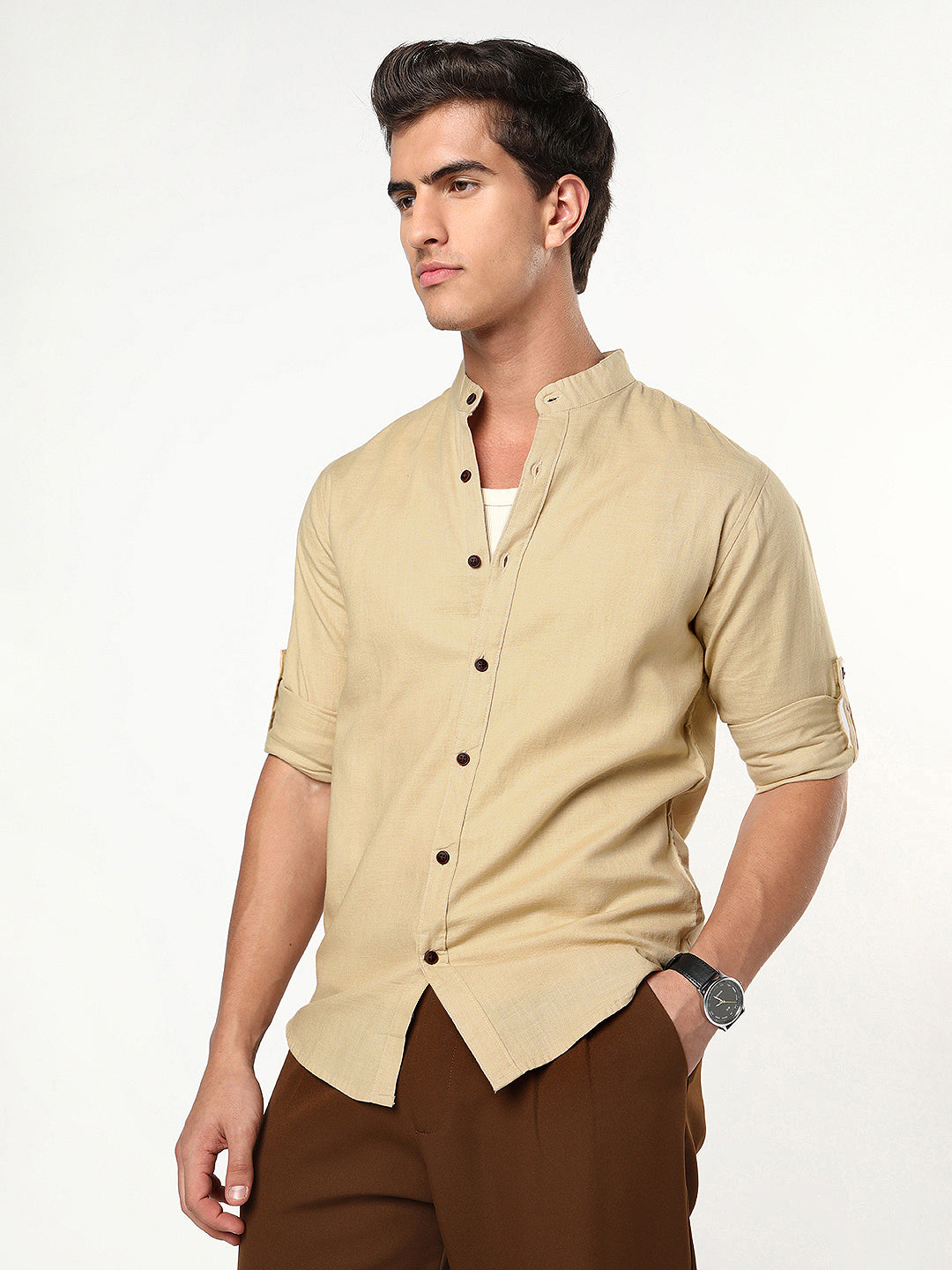 Men's Beige Linen Blend Full Sleeve Relaxed Fit Mandarin Collar Casual Solid Shirt