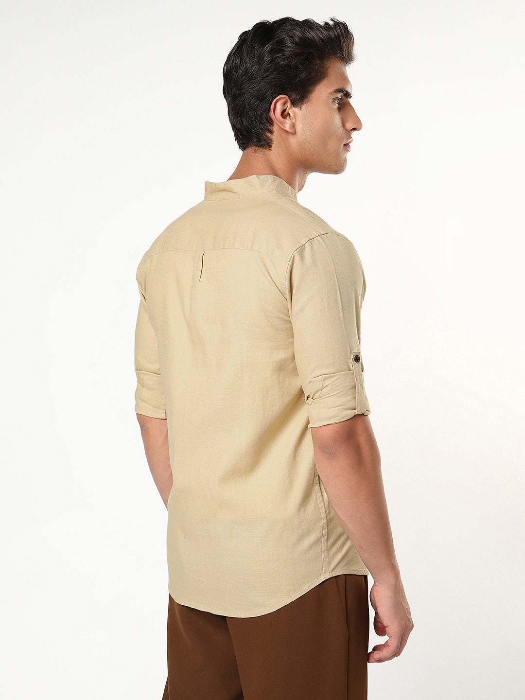 Men's Beige Linen Blend Full Sleeve Relaxed Fit Mandarin Collar Casual Solid Shirt