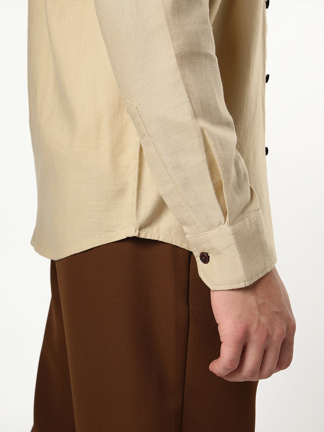 Men's Beige Linen Blend Full Sleeve Relaxed Fit Mandarin Collar Casual Solid Shirt
