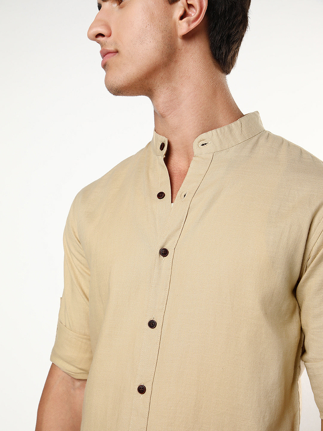 Men's Beige Linen Blend Full Sleeve Relaxed Fit Mandarin Collar Casual Solid Shirt