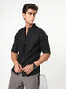 Men's Black Linen Blend Full Sleeve Relaxed Fit Mandarin Collar Casual Solid Shirt