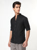 Men's Black Linen Blend Full Sleeve Relaxed Fit Mandarin Collar Casual Solid Shirt