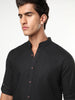 Men's Black Linen Blend Full Sleeve Relaxed Fit Mandarin Collar Casual Solid Shirt