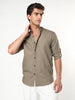 Men's Coffee Linen Blend Full Sleeve Relaxed Fit Mandarin Collar Casual Solid Shirt