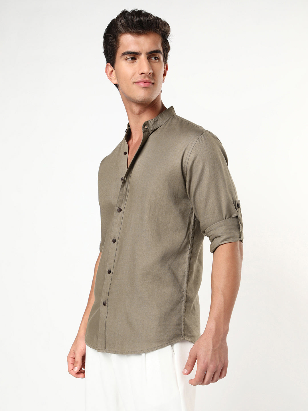 Men's Coffee Linen Blend Full Sleeve Relaxed Fit Mandarin Collar Casual Solid Shirt