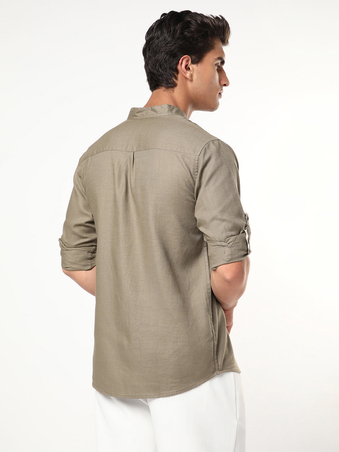 Men's Coffee Linen Blend Full Sleeve Relaxed Fit Mandarin Collar Casual Solid Shirt