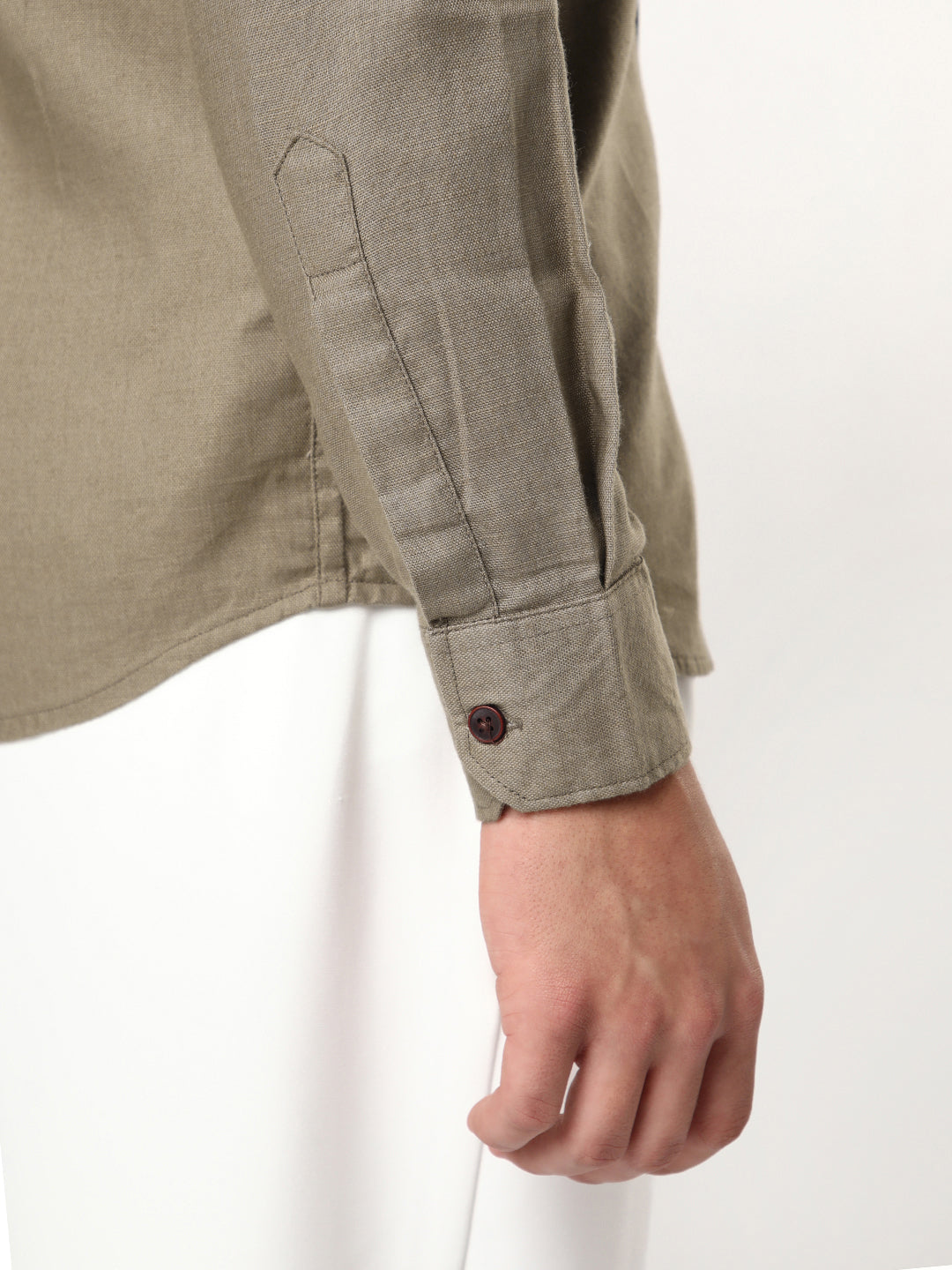 Men's Coffee Linen Blend Full Sleeve Relaxed Fit Mandarin Collar Casual Solid Shirt