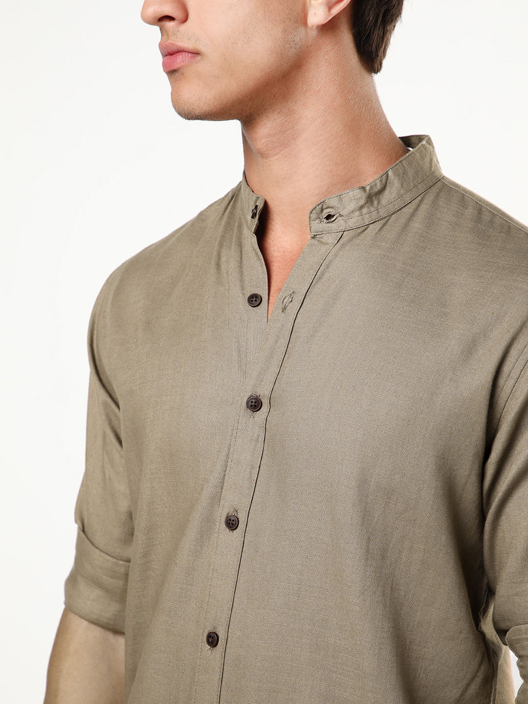 Men's Coffee Linen Blend Full Sleeve Relaxed Fit Mandarin Collar Casual Solid Shirt