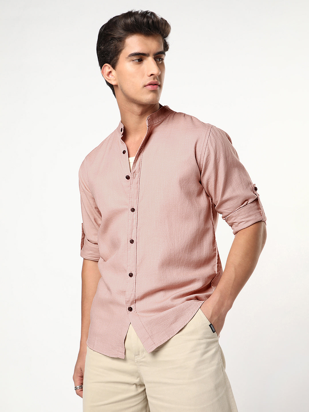 Men's Dusty Pink Linen Blend Full Sleeve Relaxed Fit Mandarin Collar Casual Solid Shirt