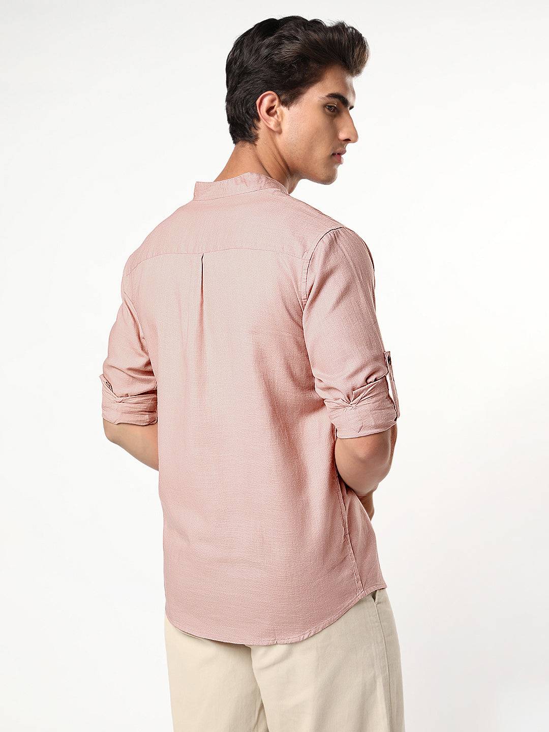 Men's Dusty Pink Linen Blend Full Sleeve Relaxed Fit Mandarin Collar Casual Solid Shirt