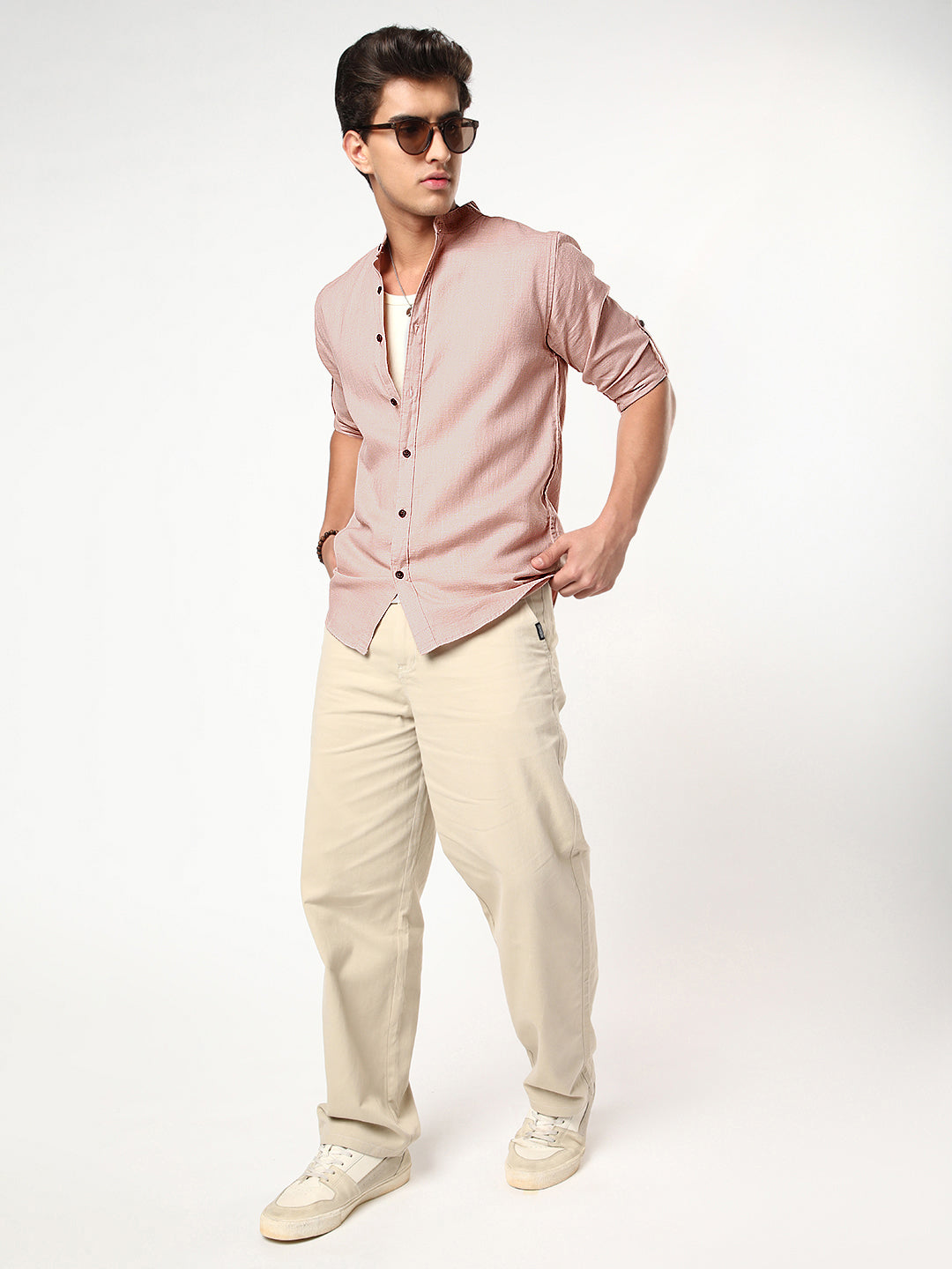 Men's Dusty Pink Linen Blend Full Sleeve Relaxed Fit Mandarin Collar Casual Solid Shirt