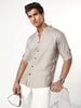Men's Grey Linen Blend Full Sleeve Relaxed Fit Mandarin Collar Casual Solid Shirt
