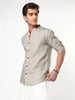 Men's Grey Linen Blend Full Sleeve Relaxed Fit Mandarin Collar Casual Solid Shirt