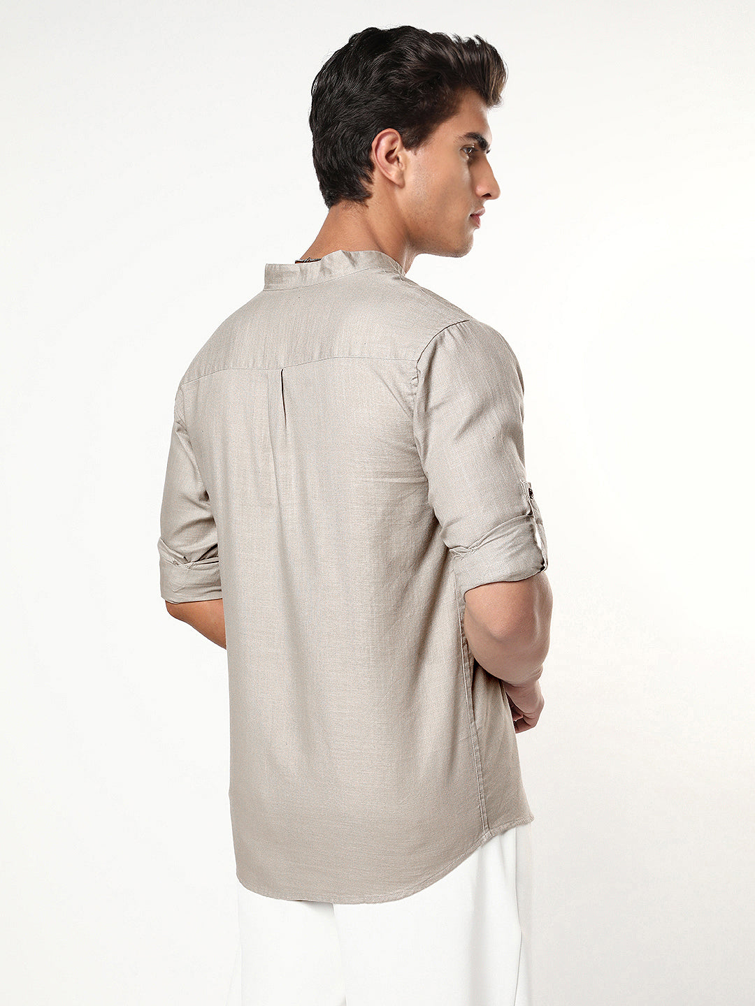Men's Grey Linen Blend Full Sleeve Relaxed Fit Mandarin Collar Casual Solid Shirt