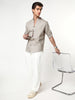 Men's Grey Linen Blend Full Sleeve Relaxed Fit Mandarin Collar Casual Solid Shirt