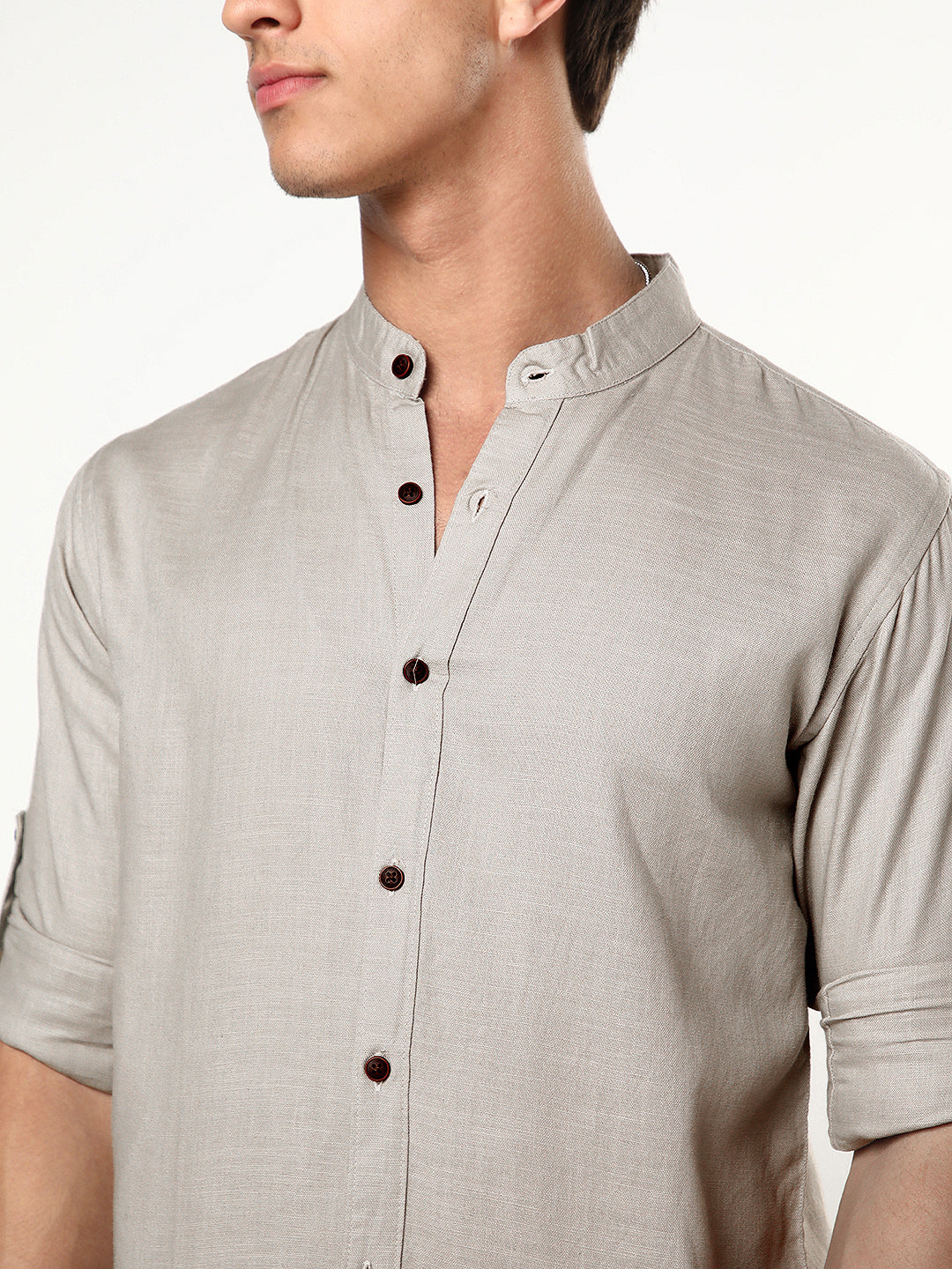 Men's Grey Linen Blend Full Sleeve Relaxed Fit Mandarin Collar Casual Solid Shirt