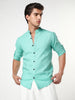 Men's Light Teal Linen Blend Full Sleeve Relaxed Fit Mandarin Collar Casual Solid Shirt