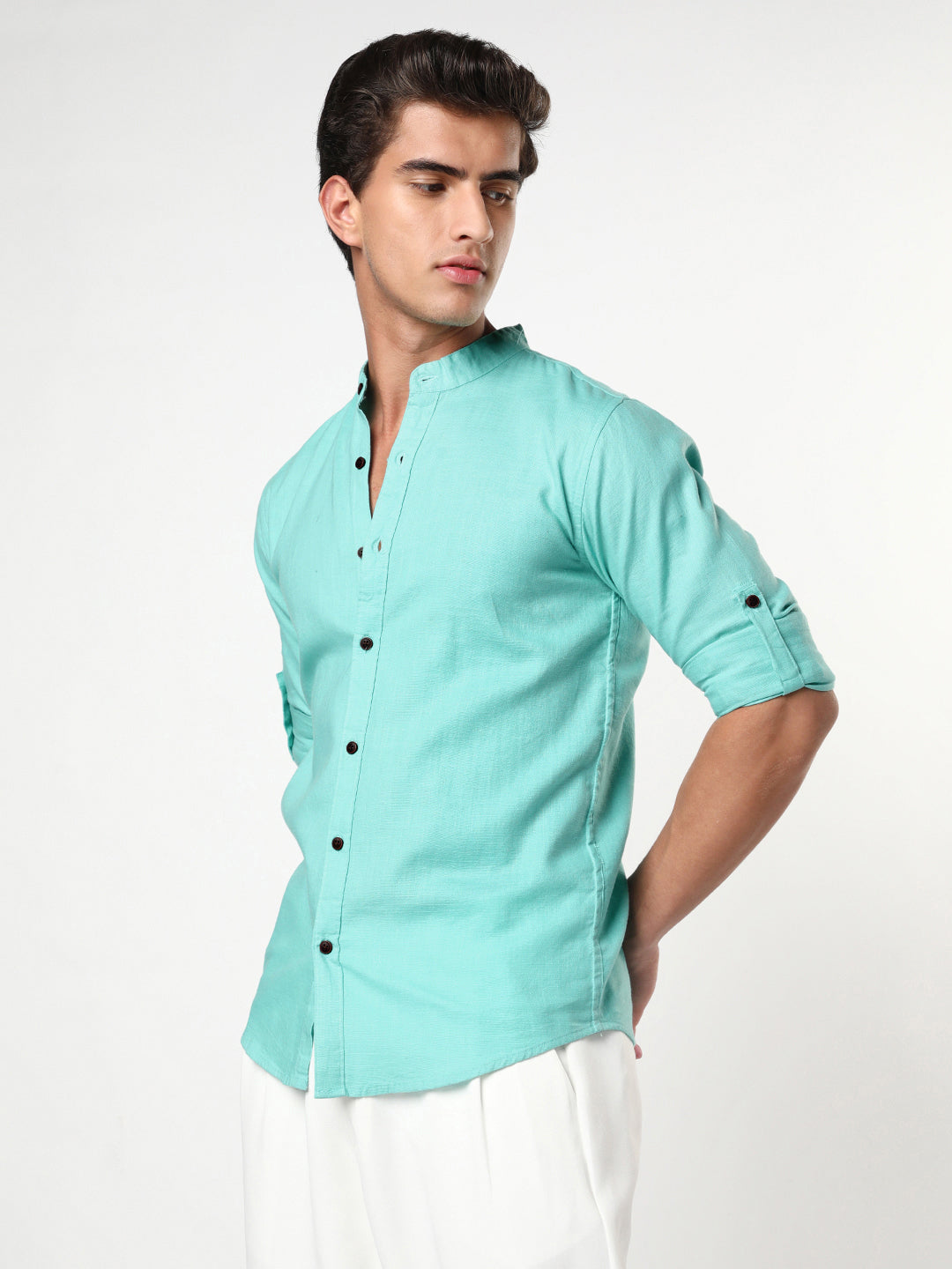 Men's Light Teal Linen Blend Full Sleeve Relaxed Fit Mandarin Collar Casual Solid Shirt
