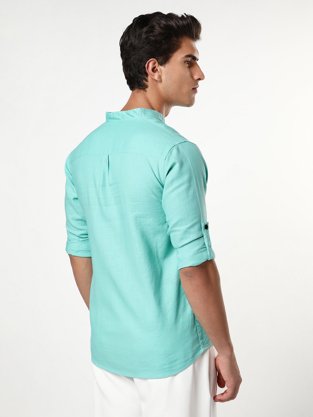 Men's Light Teal Linen Blend Full Sleeve Relaxed Fit Mandarin Collar Casual Solid Shirt