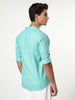 Men's Light Teal Linen Blend Full Sleeve Relaxed Fit Mandarin Collar Casual Solid Shirt