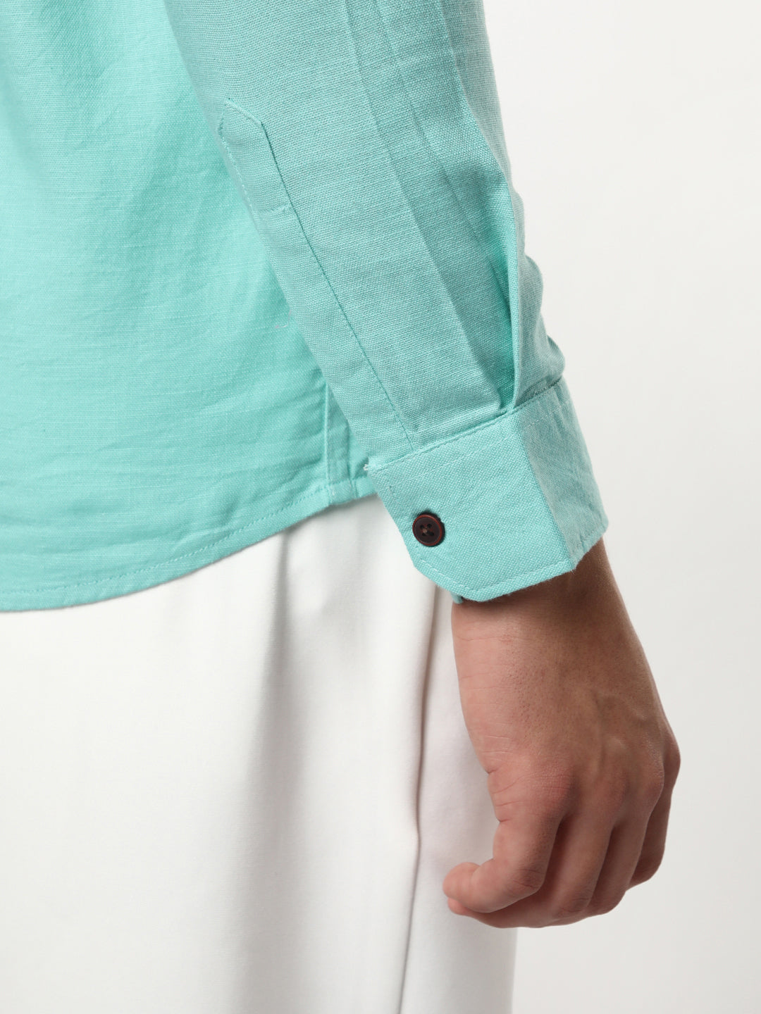 Men's Light Teal Linen Blend Full Sleeve Relaxed Fit Mandarin Collar Casual Solid Shirt