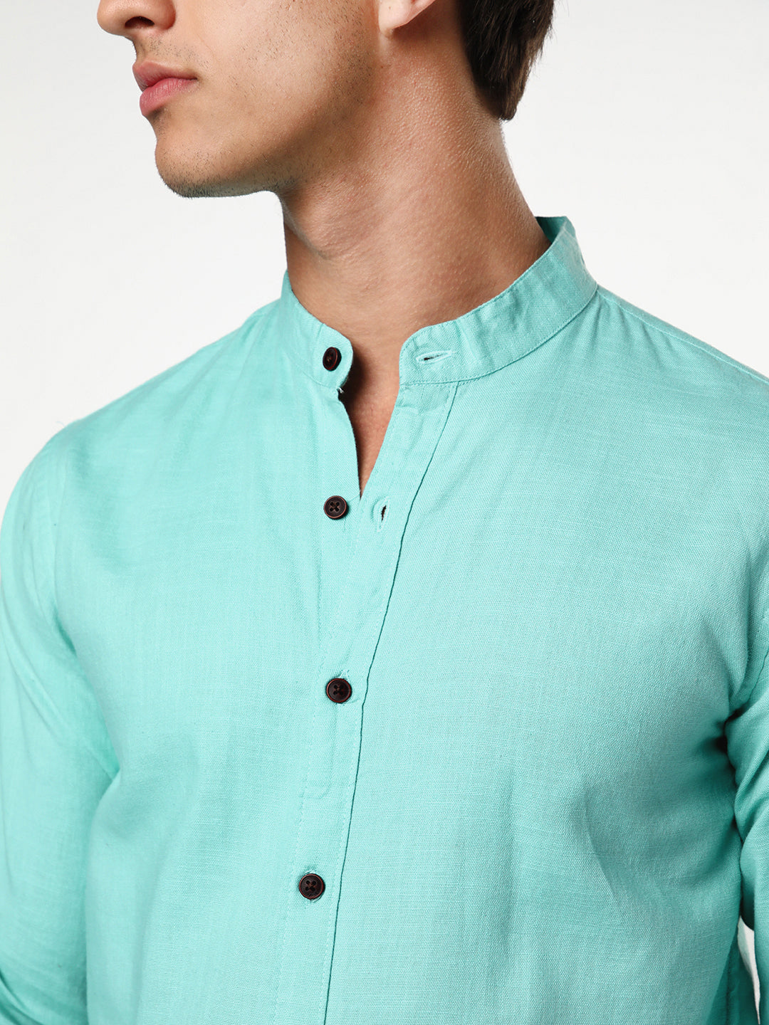 Men's Light Teal Linen Blend Full Sleeve Relaxed Fit Mandarin Collar Casual Solid Shirt