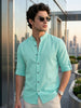 Men's Light Teal Linen Blend Full Sleeve Relaxed Fit Mandarin Collar Casual Solid Shirt