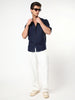 Men's Navy Linen Blend Full Sleeve Relaxed Fit Mandarin Collar Casual Solid Shirt