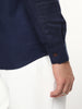 Men's Navy Linen Blend Full Sleeve Relaxed Fit Mandarin Collar Casual Solid Shirt